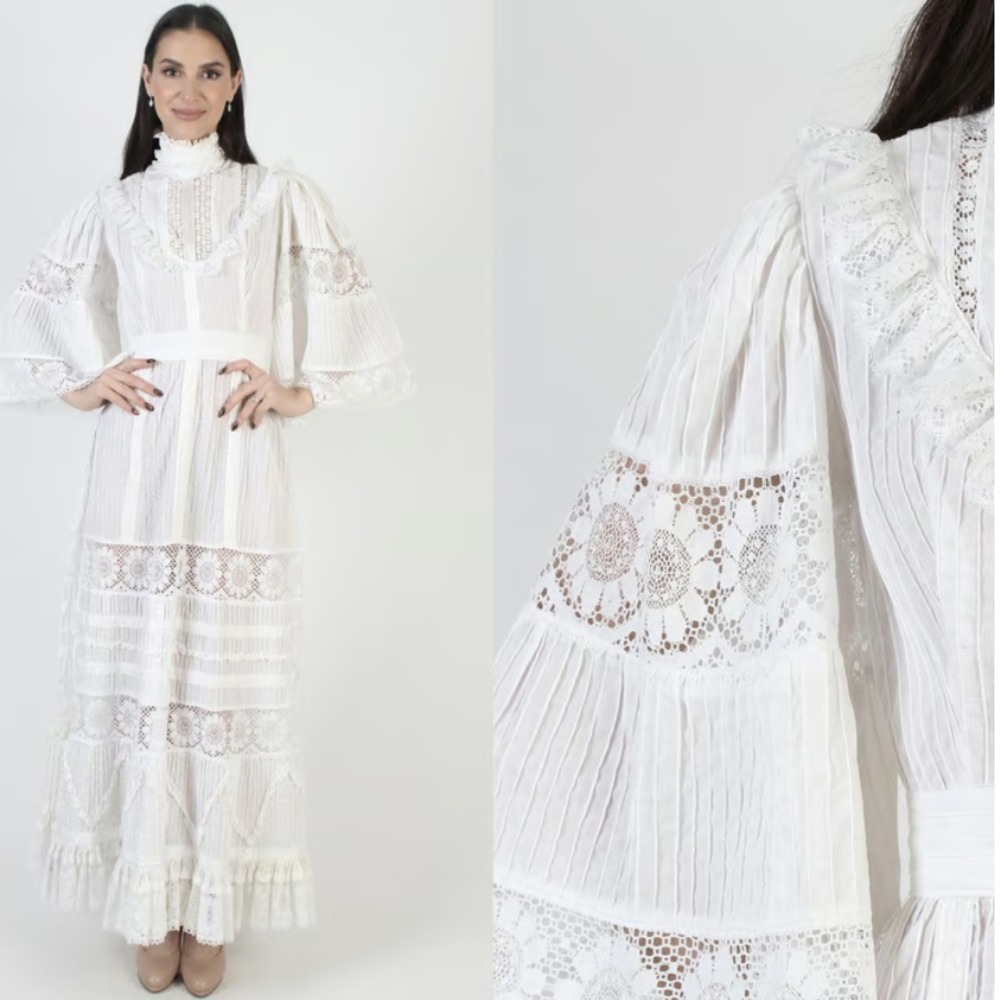 Vintage Victorian Wedding Dress Womens M White Maxi Lace Pintuck Bell Sleeve